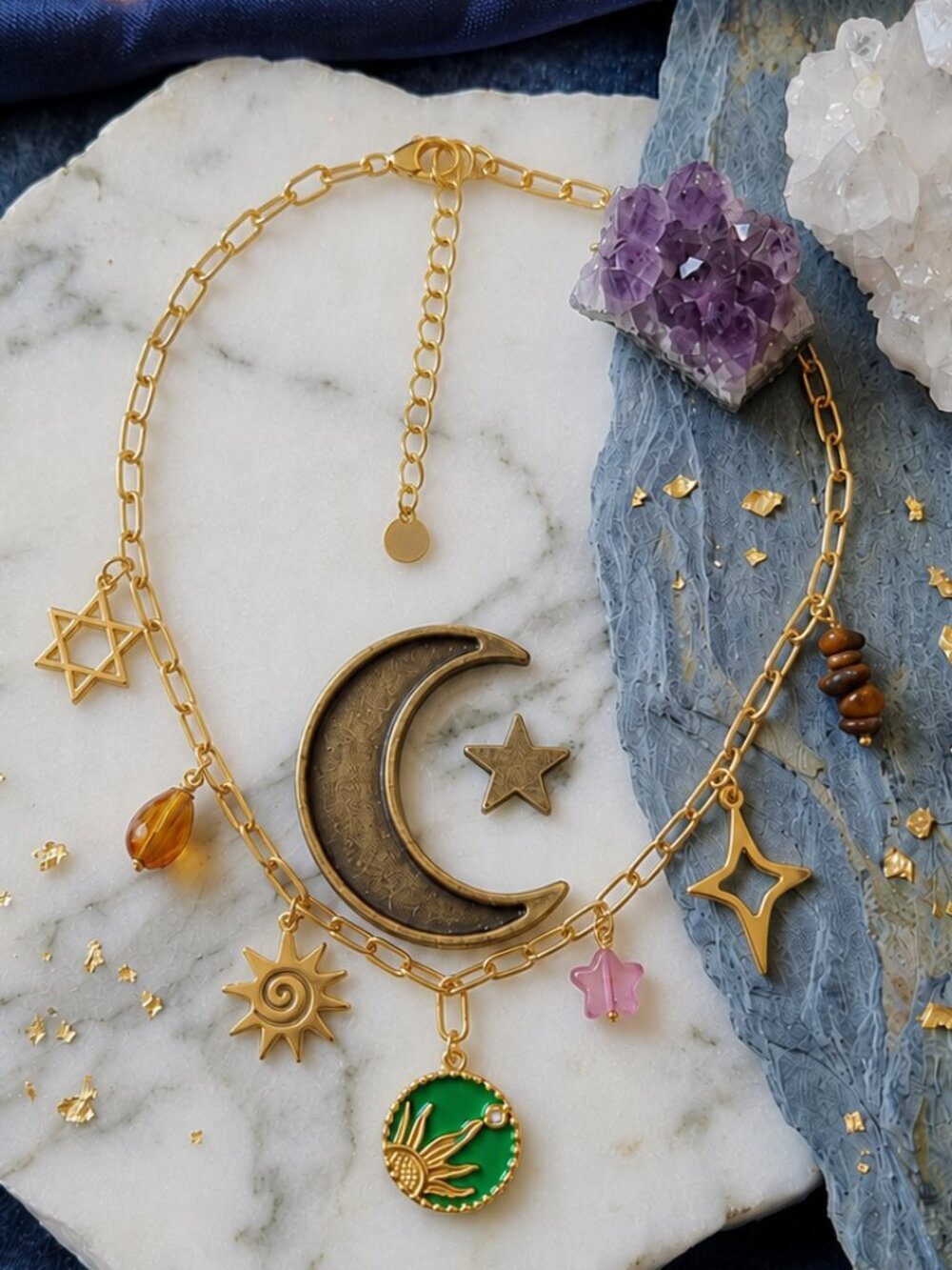 18K Gold Plated Celestial Sun Star Charm Paperclip Necklace 316L Steel 18"
